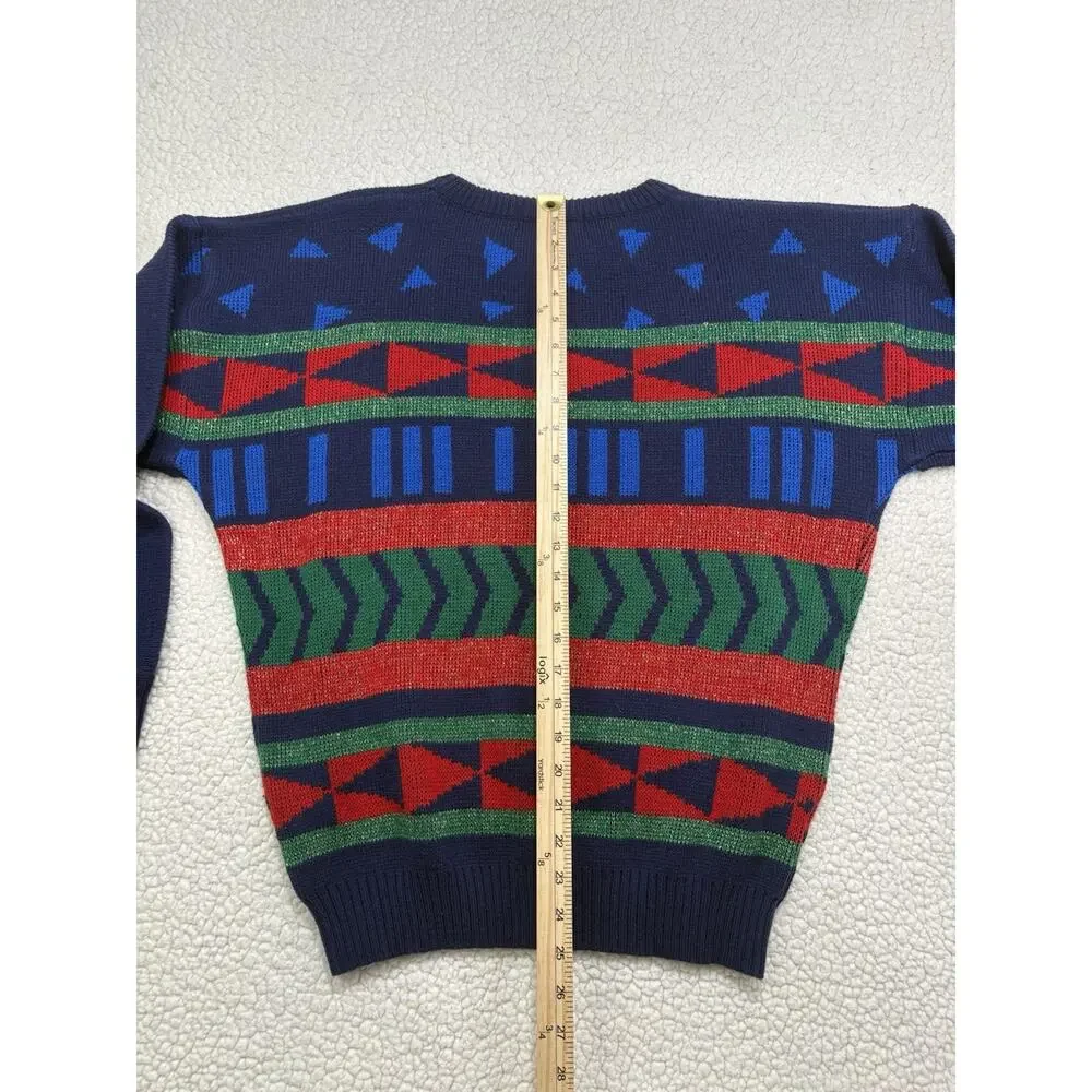 Vintage Mens Geometric Print Sweater Fair‎ Isle Colorful Christmas Metallic Bold
